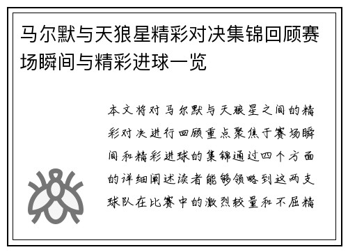 马尔默与天狼星精彩对决集锦回顾赛场瞬间与精彩进球一览